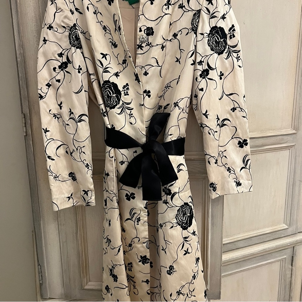 Tibi Cream Trench Coat with Black Embroidery and Black Removable Ribbon Belt